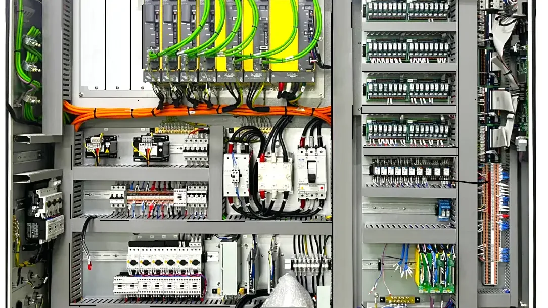 Industrial control panel interior with servo drives, contactors, circuit breakers and terminal blocks