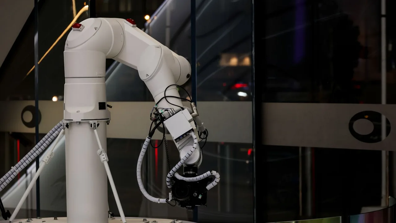White articulated robot arm with a gripper on an industrial work cell